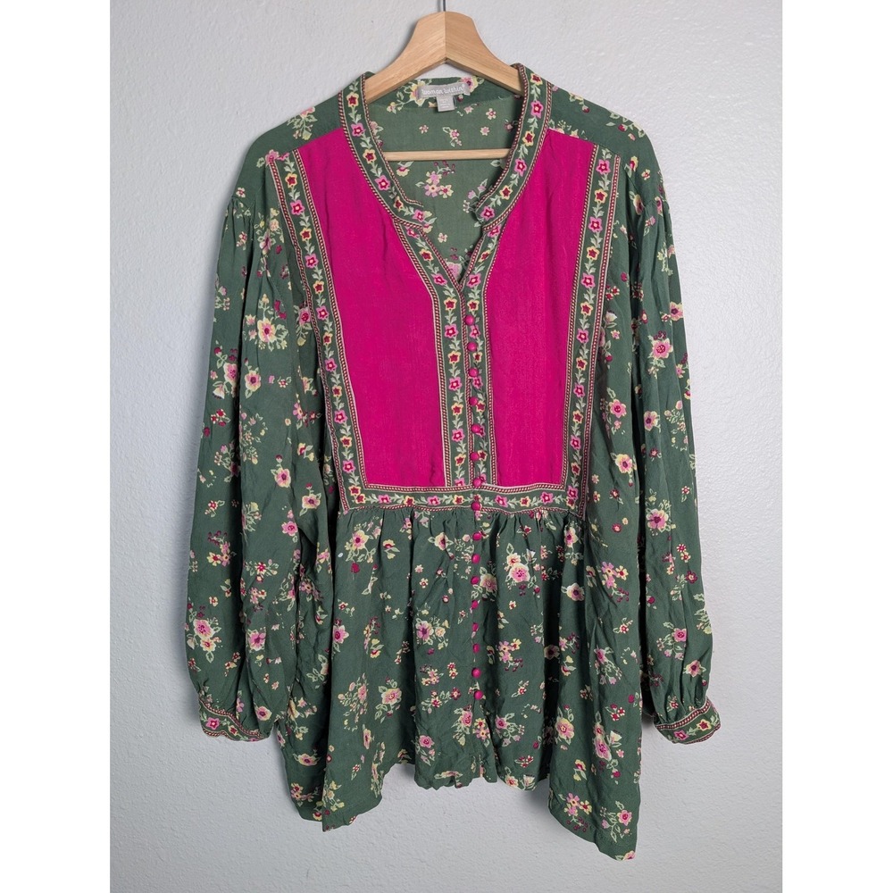 Woman Within Tunic Blouse Womens 30/32 3X Green Pink Floral Boho‎ Balloon Sleeve